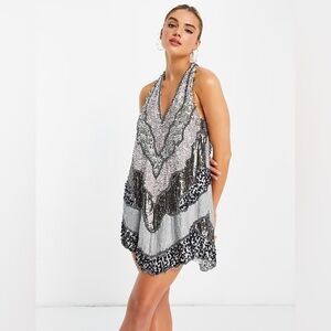 NWT ASOS DESIGN patchwork embellished halter Silver Mini Dress with open back 12